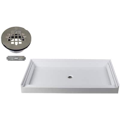 60 in. x 36 in. Single Threshold Alcove Shower Pan Base with Center Plastic Drain in Satin Nickel