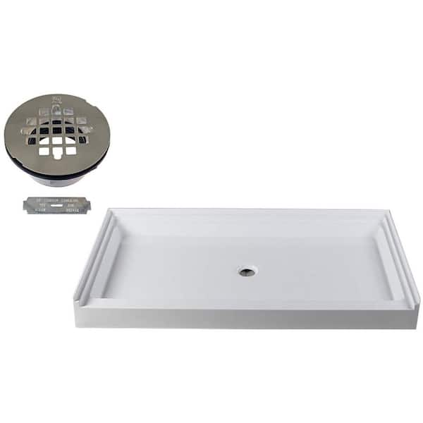 Westbrass 60 in. x 36 in. Single Threshold Alcove Shower Pan Base with Center Plastic Drain in Satin Nickel