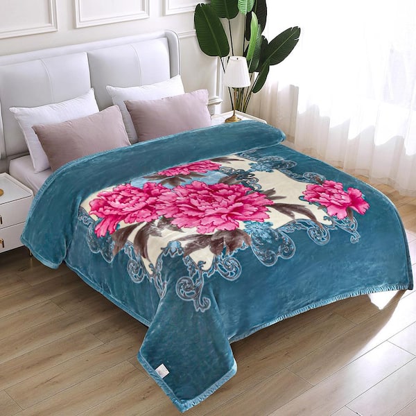 JML Blue Floral 75 in. x 87 in. Reversible Printed Polyester