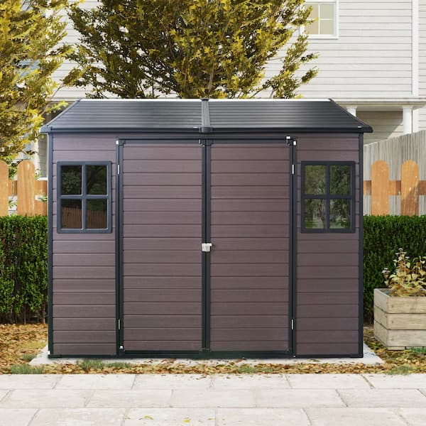 8 ft. x 6 ft. resin outdoor storage shed tool shed, covered area 48 sq. ft. with floor & windows and lockable door Brown