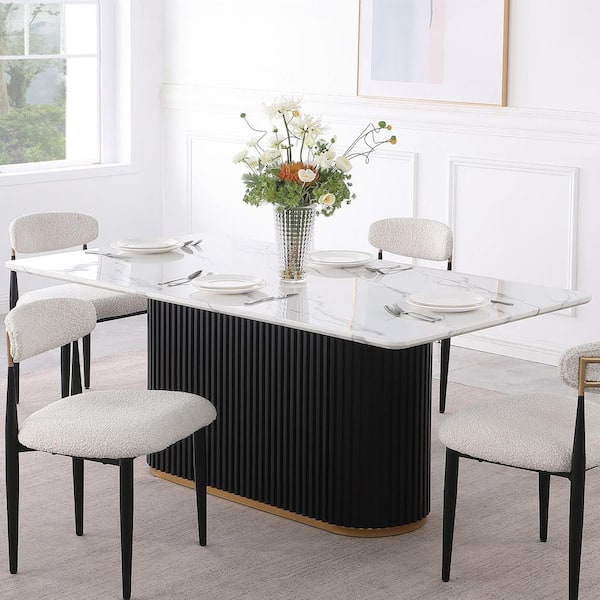 Morden Fort Modern 5-Piece Faux Marble Dining Table Top with Boucle Armless Chairs in White Dining Room Set for Kitchen