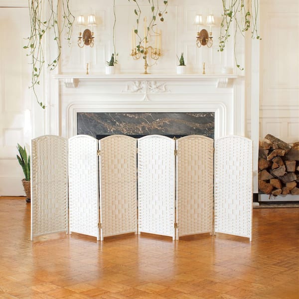 Oriental Furniture 3 ft. Short Diamond Weave Fiber Folding Screen - White - 6 Panel