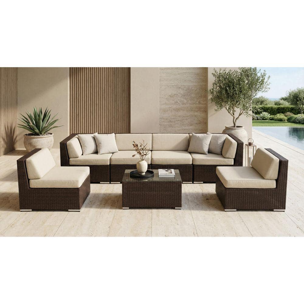 Ohana Depot Ohana Dark Brown 7-Piece Wicker Patio Seating Set with
