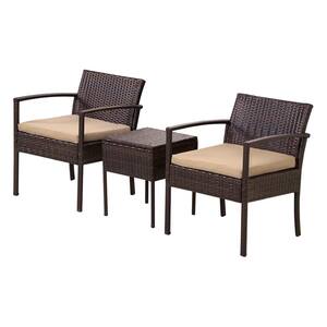 3-Piece PE Rattan Wicker Outdoor Patio Conversation Set with Yellow Cushions
