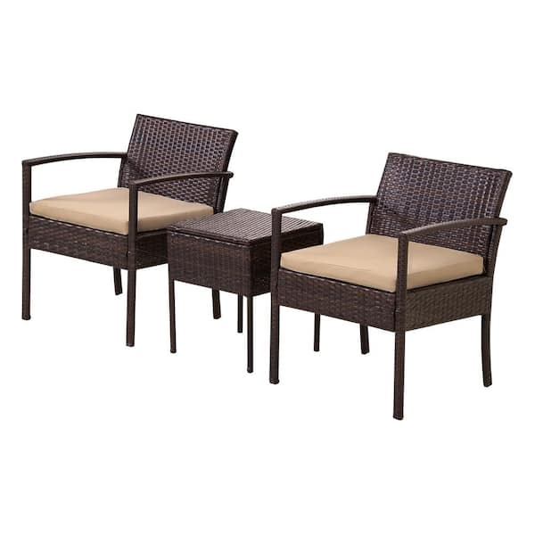 Amucolo 3-Piece PE Rattan Wicker Outdoor Patio Conversation Set with Yellow Cushions