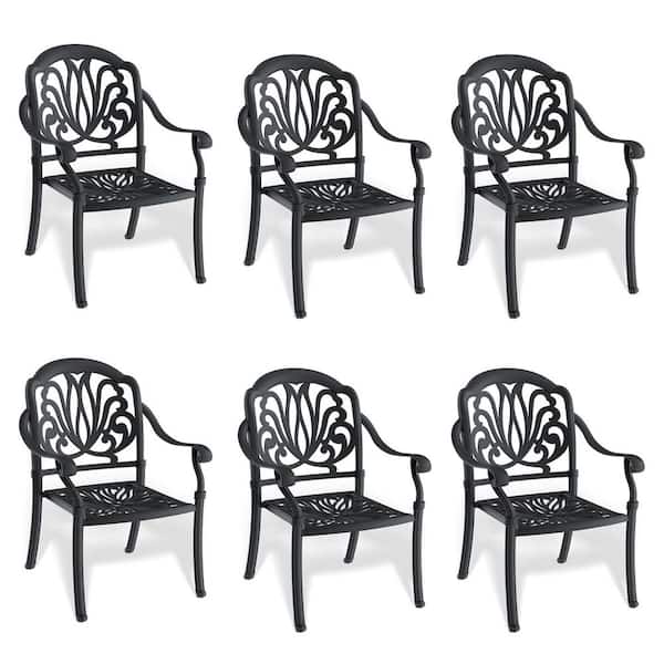 Tidoin Black Cast Aluminum Outdoor Dining Chair with Random Solid Color Cushions (6-Pack)