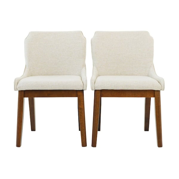 Amiable Beige Linen Upholstered Dining Chair, Solid Wood Legs (Set of 2)