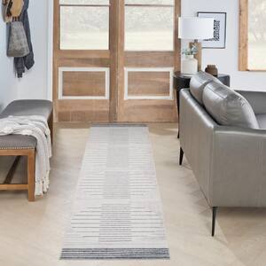 Astra Machine Washable Ivory Blue 2 ft. x 12 ft. Striated Contemporary Kitchen Runner Area Rug