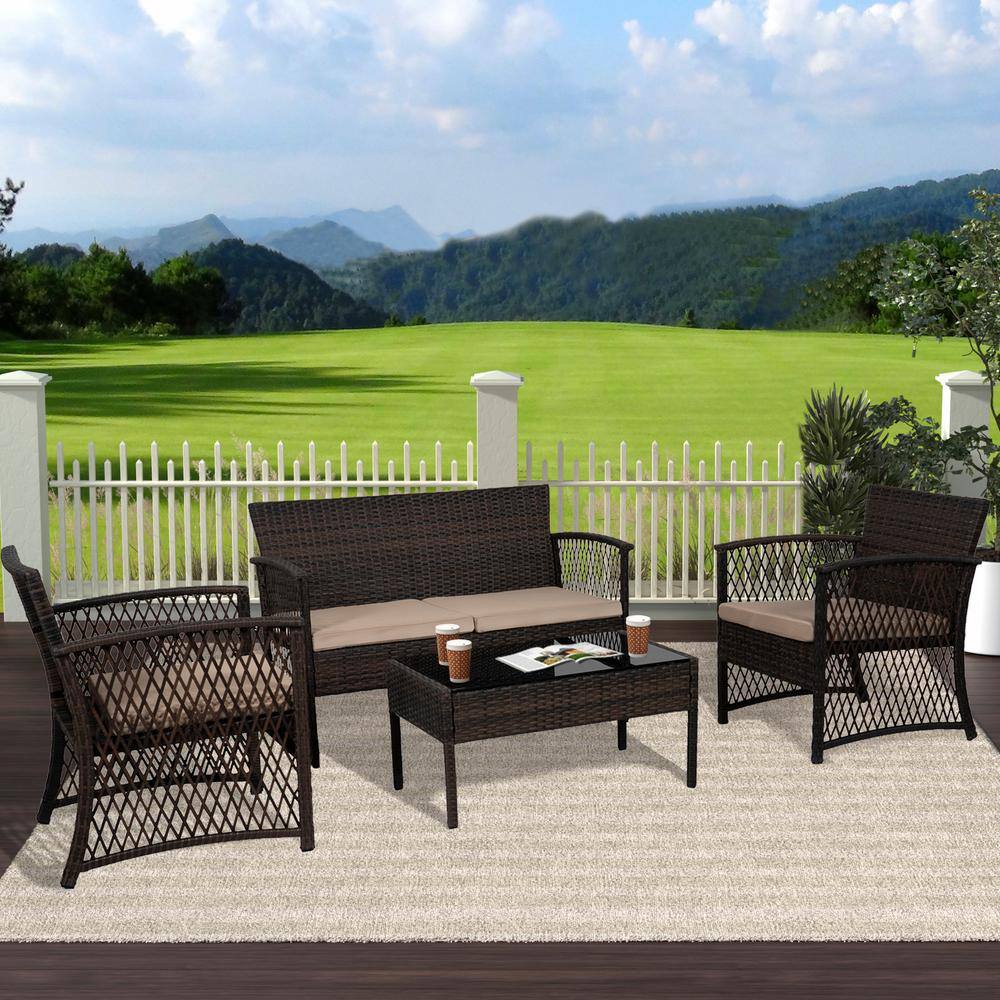 WESTIN OUTDOOR Highland Coffee 4-Piece Patio Woven Rattan Wicker Sofa ...