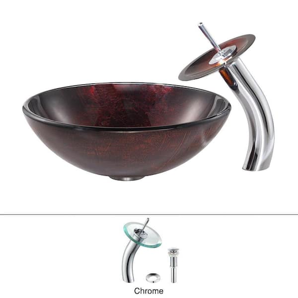 KRAUS Saturn Glass Vessel Sink in Red with Waterfall Faucet in Chrome