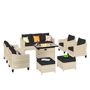 Oconee Beige 8-Piece Modern Outdoor Patio Conversation Sofa Set with a Rectangle Fire Pit and Black Cushions