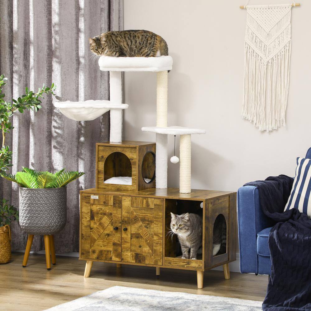 Rustic Brown Wooden Cat Tree with Litter Box Enclosure and Sisal Posts