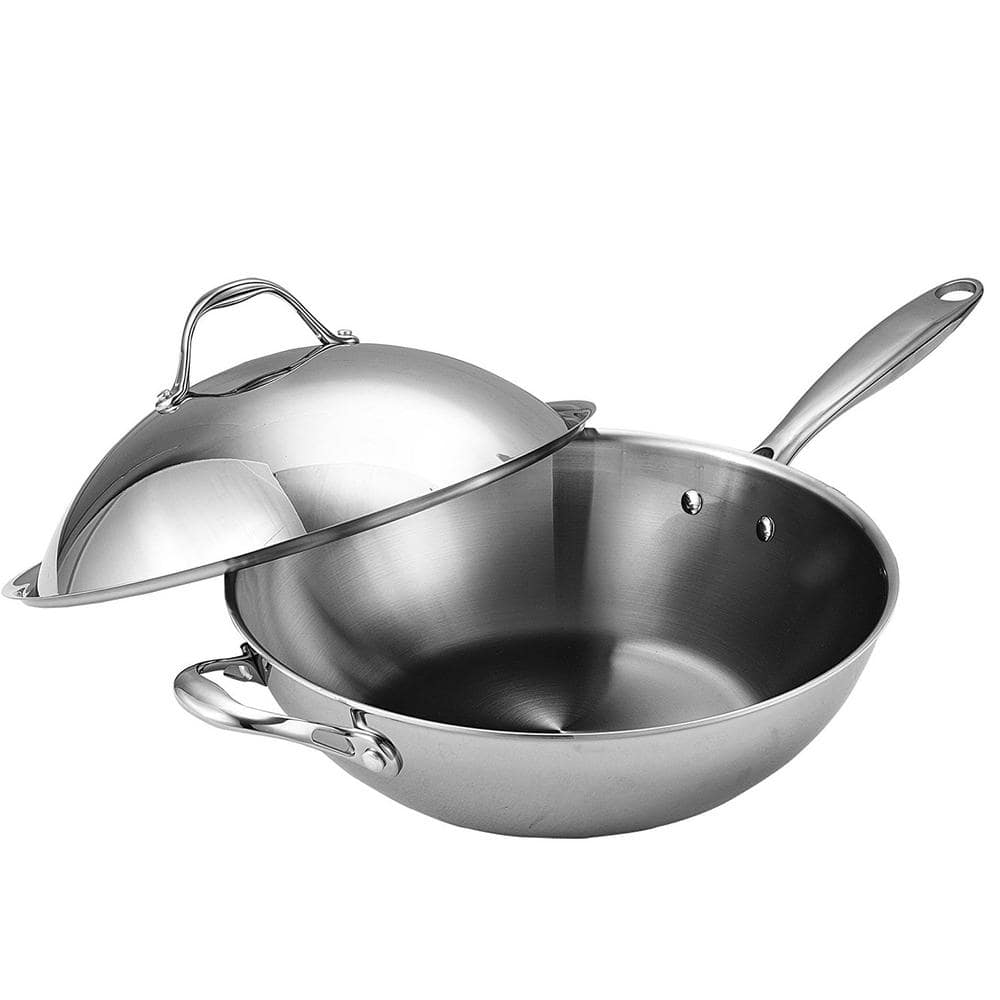 Cooks Standard 13 in. Multi-Ply Clad Stainless Steel Wok Stir Fry Pan with  Dome Lid NC-00233 - The Home Depot