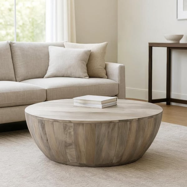 THE URBAN PORT Arthur 35.5 in. Distressed White Round Mango Wood Coffee Table with Subtle Grains