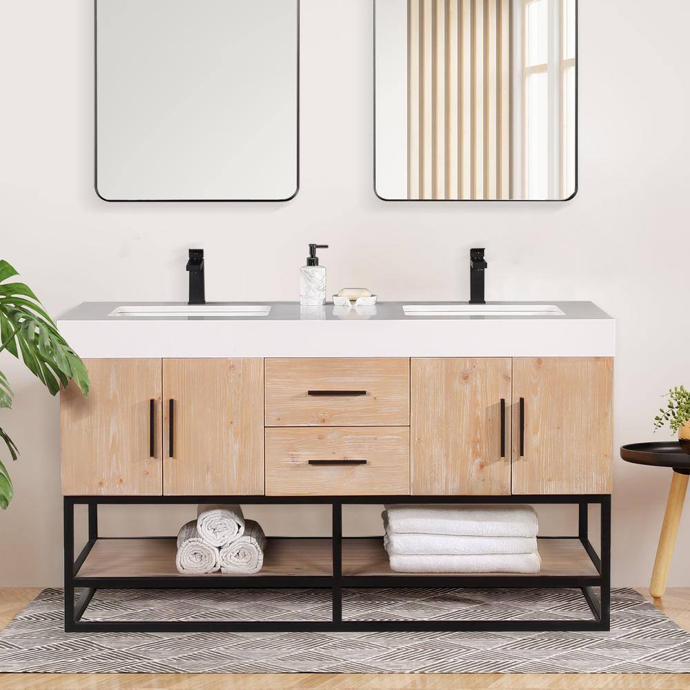 Bianco 60" Light Brown Wood Vanity with White Stone Top