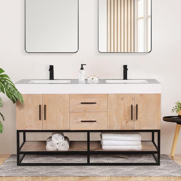 Altair Bianco 60 Double Bathroom Vanity in Light Brown with Matte Black Support Base and White Composite Stone Countertop Without Mirror