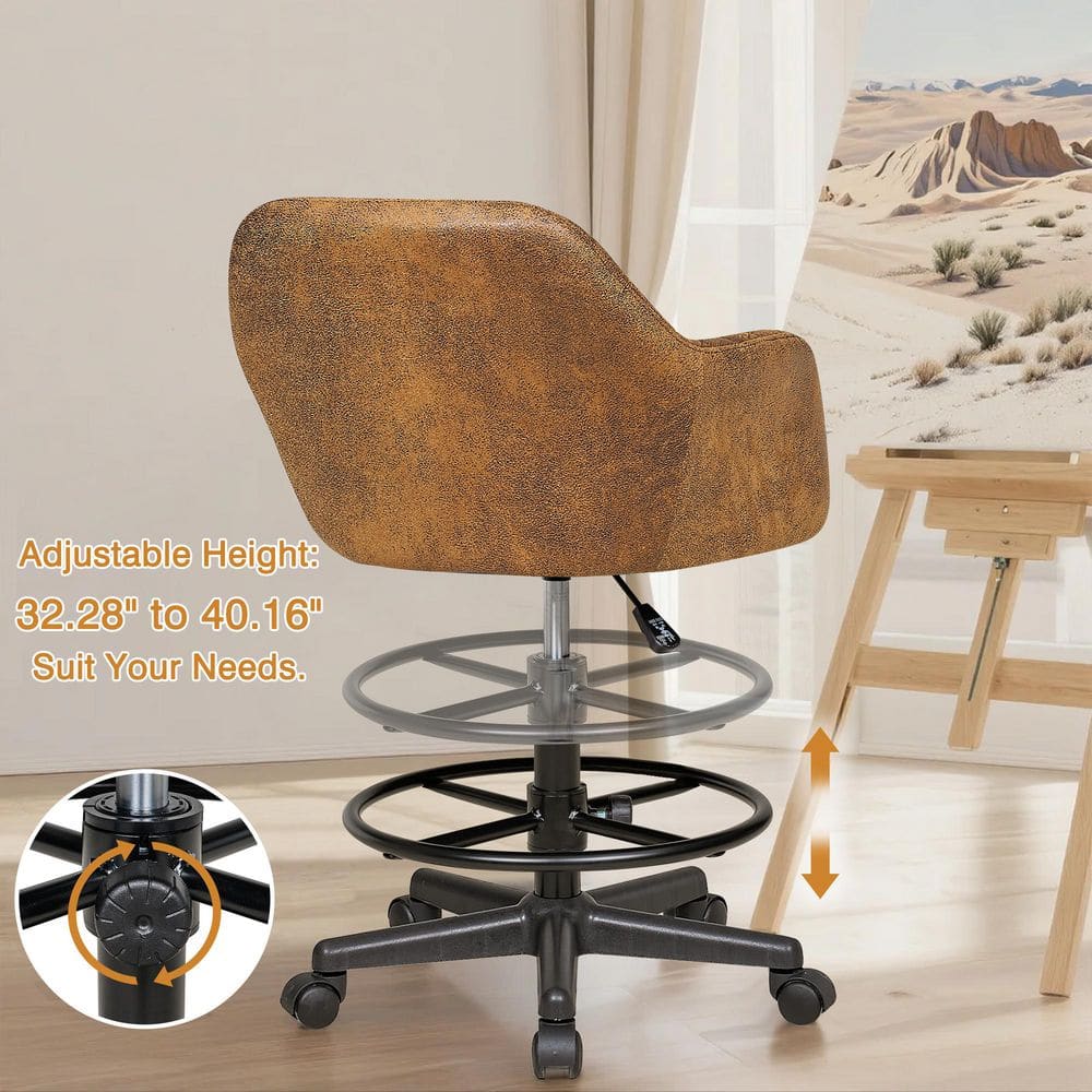 Faux Leather Swivel Drafting Chair with Adjustable Height and Lumbar Support for Home Office Office Stool, Brown - Thumbnail 5
