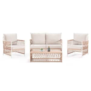 4-Pieces Yellow Frame Rattan Wicker Outdoor Patio Conversation Sectional Sofa Set, with Beige Cushion and Table