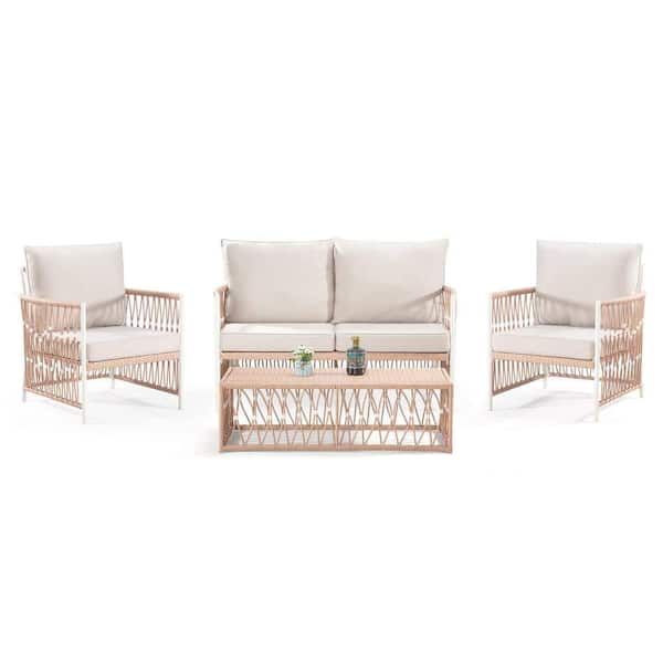 Unbranded 4-Pieces Yellow Frame Rattan Wicker Outdoor Patio Conversation Sectional Sofa Set, with Beige Cushion and Table