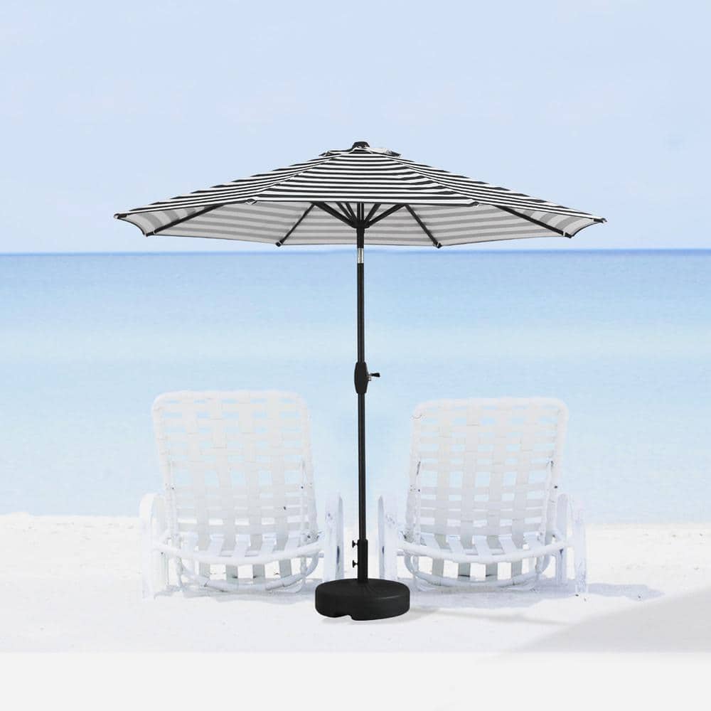 Gray and White Striped 9 Ft Steel Patio Umbrella with Tilt and Crank