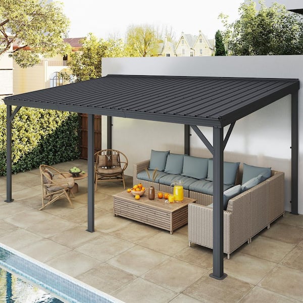 10 ft. x 16 ft. Gray Hardtop Wall Mounted Gazebo Lean to Gazebo Pergola with Gutters and Galvanized Steel Roof