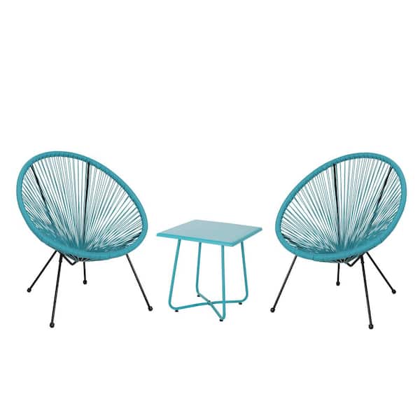 Afoxsos 3-Piece Teal Rattan Wicker Woven Outdoor Patio Conversation Set Lounge Chair Set with Side Table