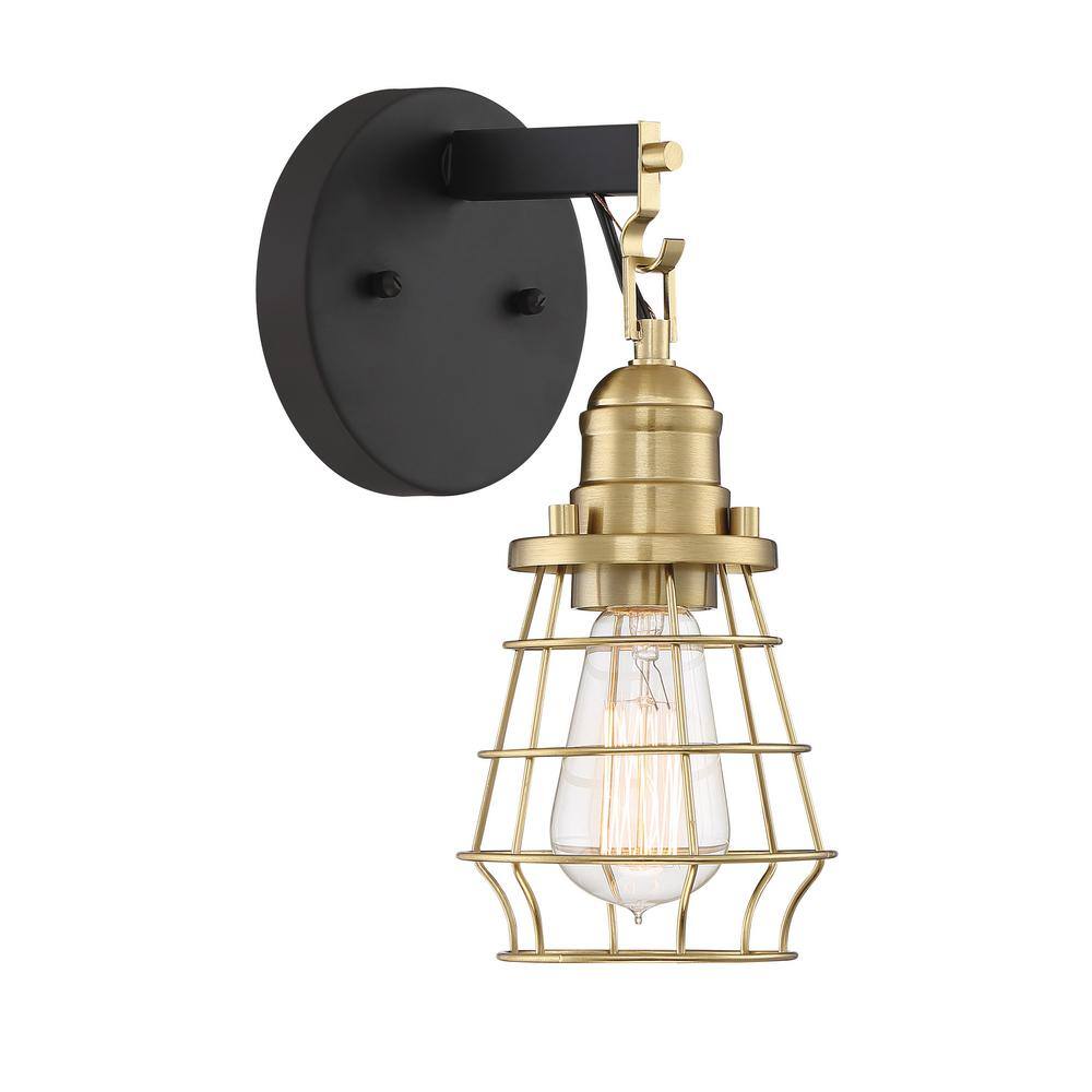 Flat Black and Satin Brass Industrial Cage Wall Sconce