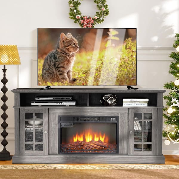 58.25 in. Freestanding Electric Fireplace TV Stand with 23 in. Electric Fireplace Insert, Storage Space, Dark Walnut