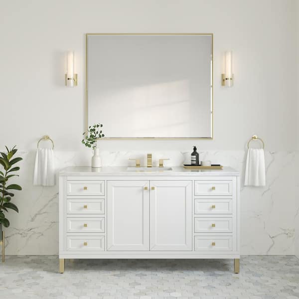 James Martin Vanities Chicago 60.0 in. W x 23.5 in. D x 33.76 in. H Single Bath Vanity in Glossy White with Arctic Fall Solid Surface Top