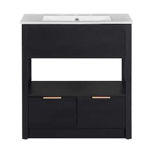 30 in. Wood Black Console Sink Freestanding Bathroom Vanity Basin Combo with Integrated Ceramic Sink and 2-Drawers