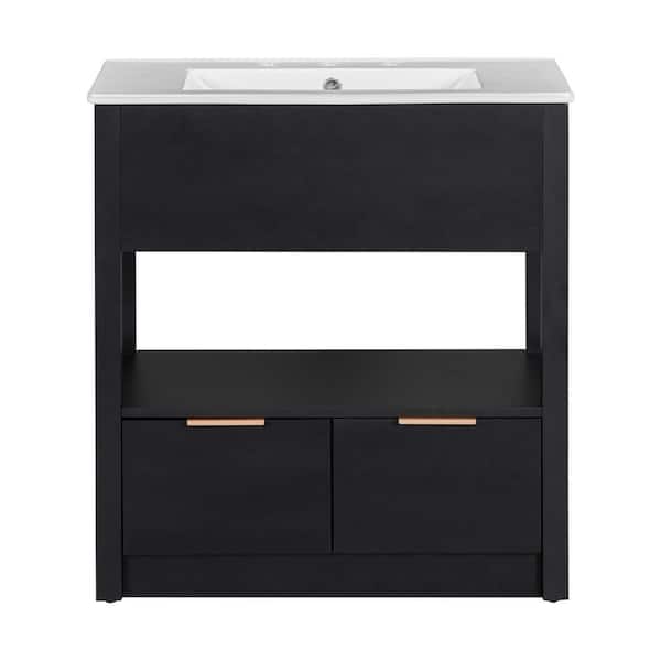 Unbranded 30 in. Wood Black Console Sink Freestanding Bathroom Vanity Basin Combo with Integrated Ceramic Sink and 2-Drawers