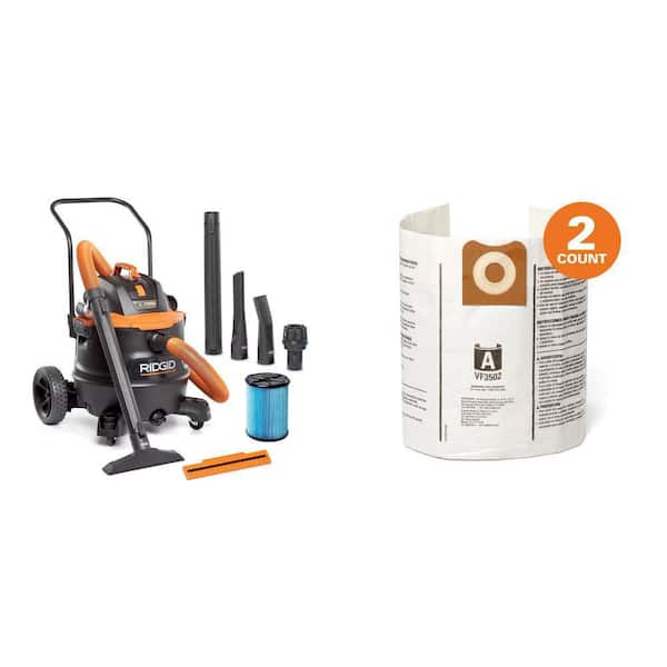 16 Gal. 7.0 Peak HP NXT Shop Vacuum HD1900 with Accessories and VF3502 Dust Bags for 12-16 Gal. RIDGID Vacuums (2-Pack)