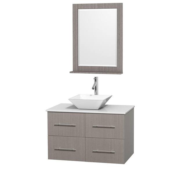 Wyndham Collection Centra 36 in. Vanity in Gray Oak with Solid-Surface Vanity Top in White, Porcelain Sink and 24 in. Mirror