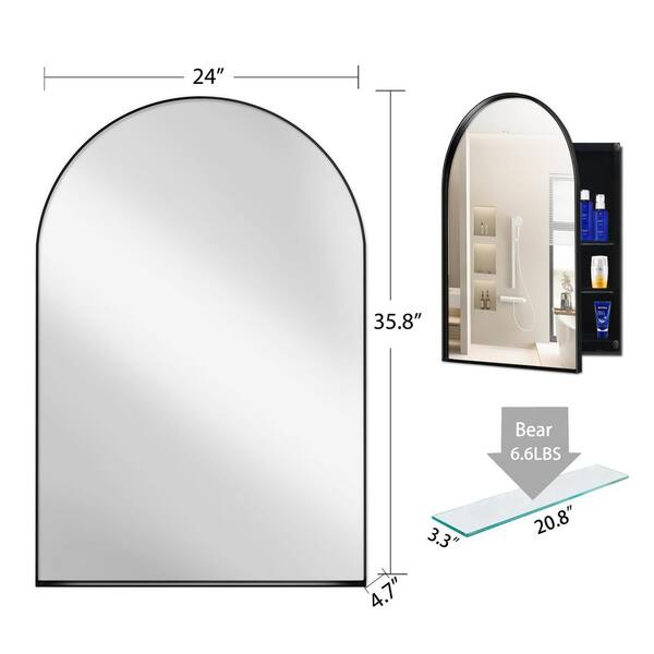 Tenleaf 24.00 in. W x 35.80 in. H Arched Metal Medicine Cabinet with Mirror, Wall Cabinet with Adjustable Shelves, Matte Black