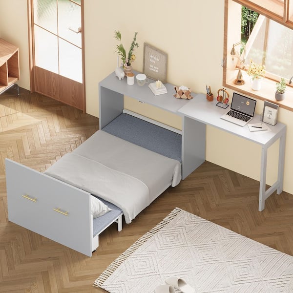 Harper & Bright Designs Gray Wood and Iron Frame Twin Size Multifunctional Cabinet Murphy Bed with Adjustable Position Desk, Foldable Cushion