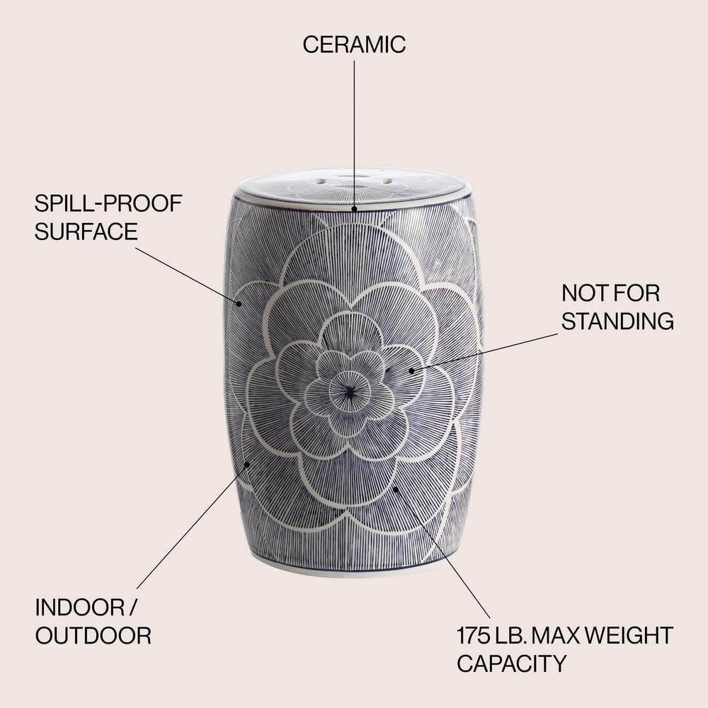 Camellia 17" White and Blue Ceramic Drum Garden Stool