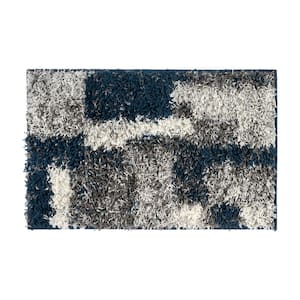 Navy 2 ft. x 3 ft. Distressed Modern Boxes Plush Shag Area Rug