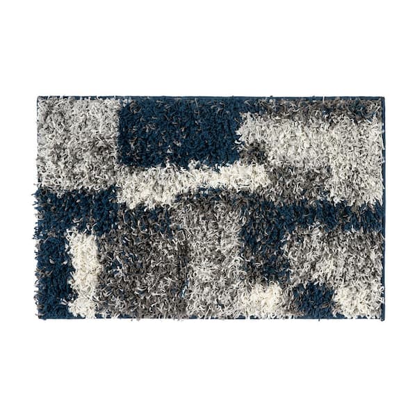 World Rug Gallery Navy 2 ft. x 3 ft. Distressed Modern Boxes Plush Shag Area Rug
