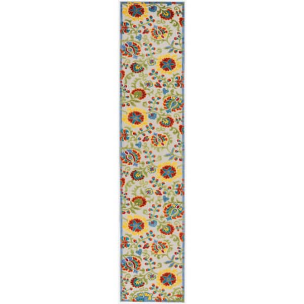 Aloha Ivory/Multicolor 2 ft. x 12 ft. Kitchen Runner Floral Contemporary Indoor/Outdoor Patio Area Rug