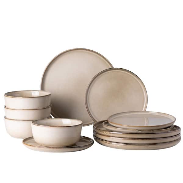 12 Pieces Gray Ceramic Dinnerware Set Service for 4, Scratch Resistant Dishes, Dishwasher & Microwave Safe