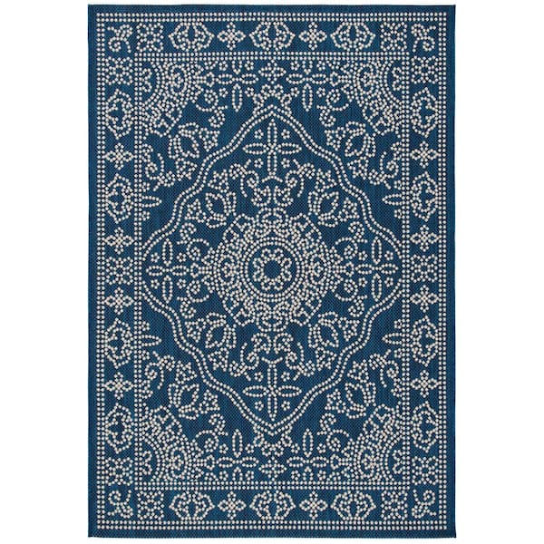 Courtyard Navy/Beige 5 ft. x 8 ft. Traditional Ornate Floral Indoor/Outdoor Area Rug