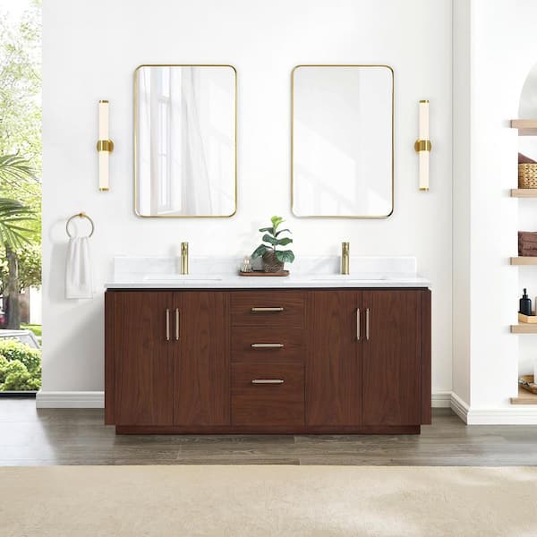 ROSWELL San 72 in.W x 22 in.D x 33.8 in.H Double Sink Bath Vanity in Natural Walnut with White Composite Stone Top
