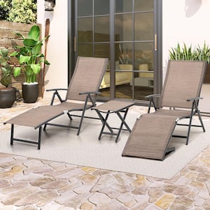 3-Piece Metal Outdoor Chaise Lounge in Espresso with Side Table