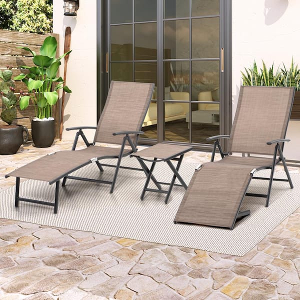 Crestlive Products 3-Piece Metal Outdoor Chaise Lounge in Espresso with Side Table