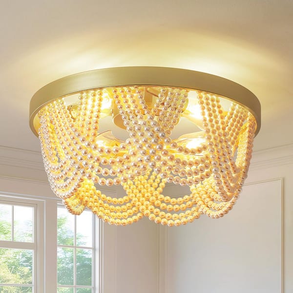 20 in. Indoor Pearl Enclosed Fandelier Boho Gold Ceiling Fan With Light and Remote Control 6-Speed Reversible Motor