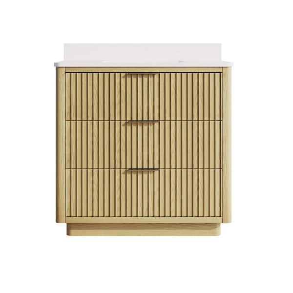 ANGELES HOME 36 in. W x 22 in. D x 35 in. H Freestanding Bath Vanity in Oak with White Quartz Top