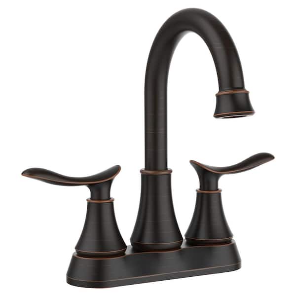 Staykiwi 4 in. Centerset Double Handle Mid Arc Bathroom Faucet with Drain Kit Included in Oil Rubbed Bronze