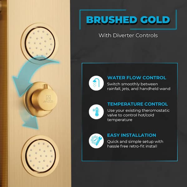 ANZZI 43 in. 3-Jetted Shower Panel Tower in Gold with Heavy Rain