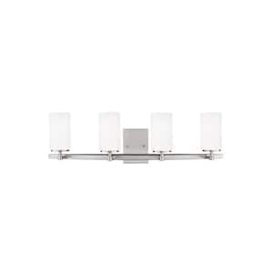Alturas 30.5 in. 4-Light Brushed Nickel Modern Contemporary Wall Bathroom Vanity Light with Satin Etched Glass Shades