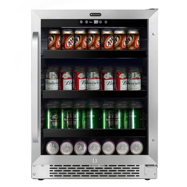 24 in. 182 12 oz. Can Built-In Beverage Fridge Cooler w/ Lock, Temp Controls, Glass Door Stainless Steel